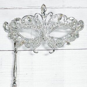 Masquerade Mask with Stick, Wedding Party Silver Mask, Prom Clear Crystal Mask